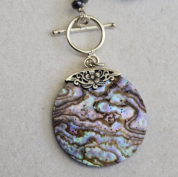 925 Silver Abalone and Pearl Station Necklace - Picture 8 of 15